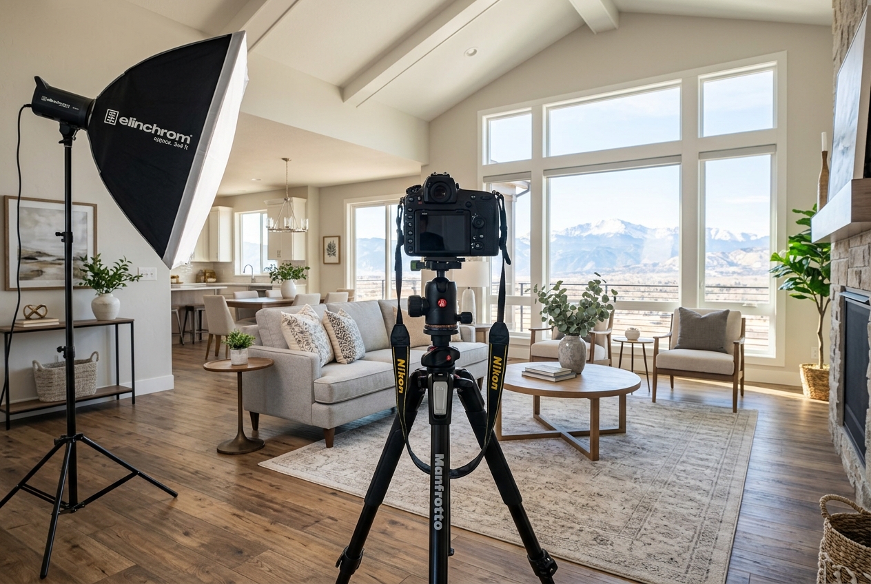 Camera on tripod in a staged Denver home interior — real estate photographers in Denver directory and pricing context
