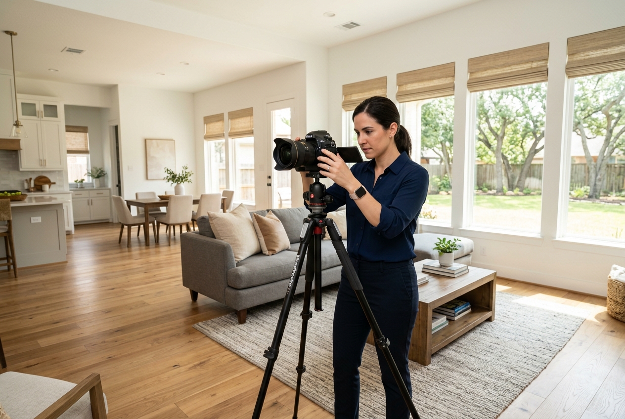 Real Estate Photographers in Houston: Directory & Pricing — photographer setting up camera inside a sunlit Houston home