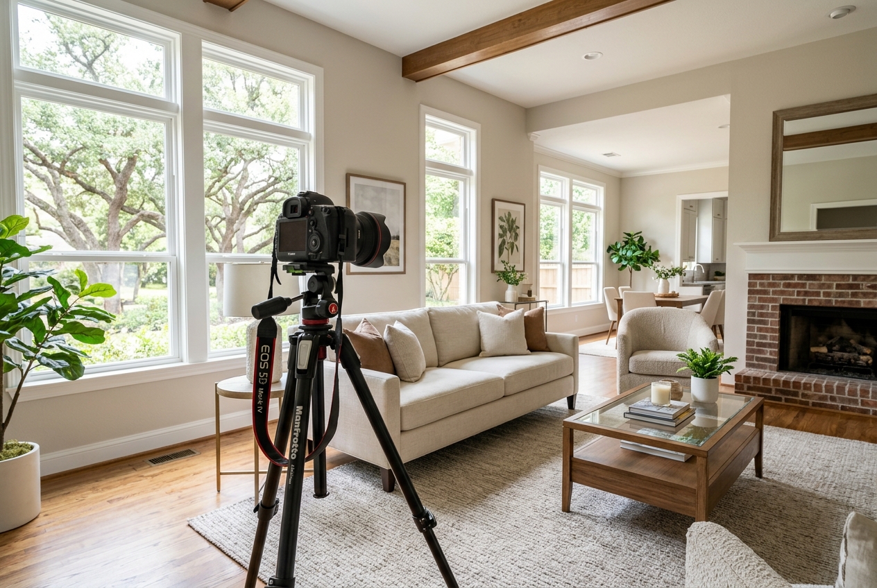 Camera on tripod inside a staged Houston home listing — Real Estate Photographers in Houston: Directory & Pricing