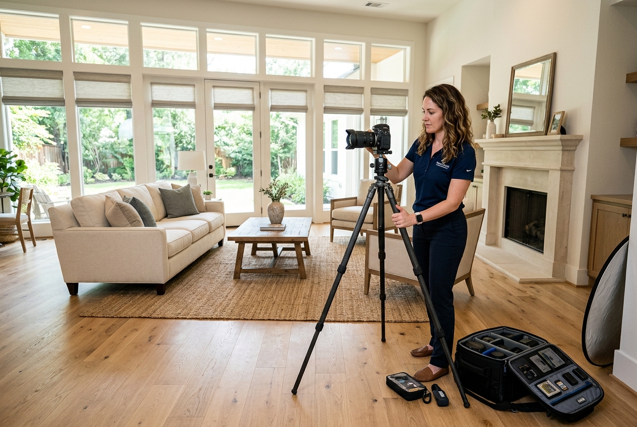 Real Estate Photographers in Houston: Directory & Pricing — photographer setting up a tripod shot inside a Houston ranch home