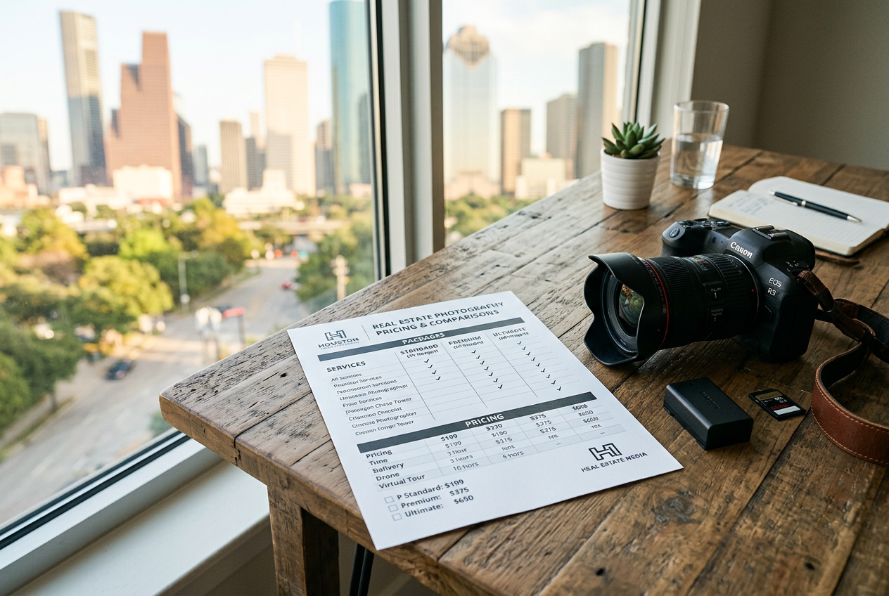 Printed pricing checklist beside a DSLR camera for screening Real Estate Photographers in Houston: Directory & Pricing