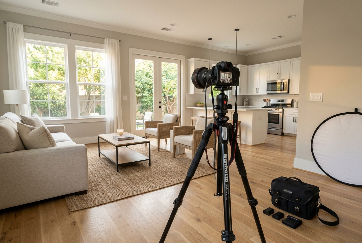 Real Estate Photographers in Houston: Directory & Pricing — camera on tripod set up inside a staged Houston home