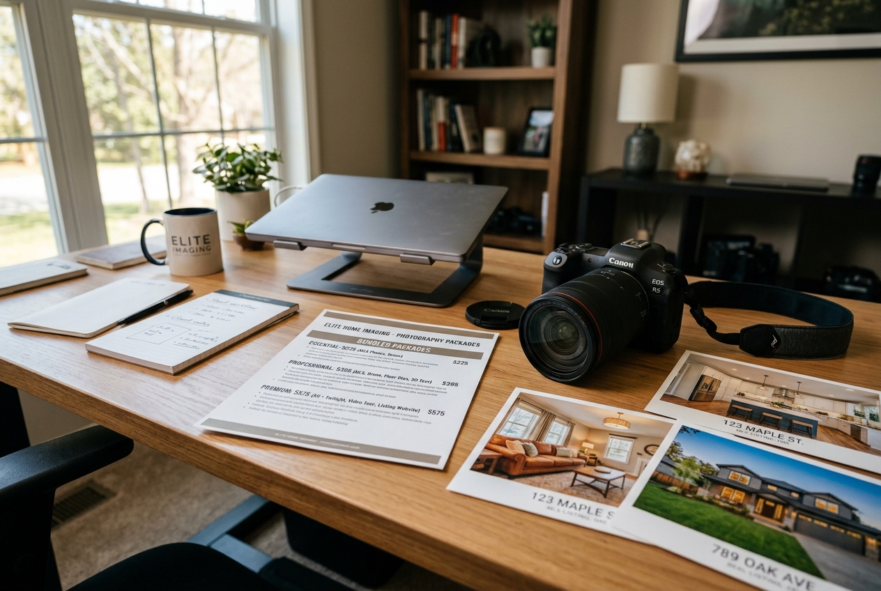 Printed real estate photography packages pricing sheet beside a DSLR camera and listing photos on a photographer's desk