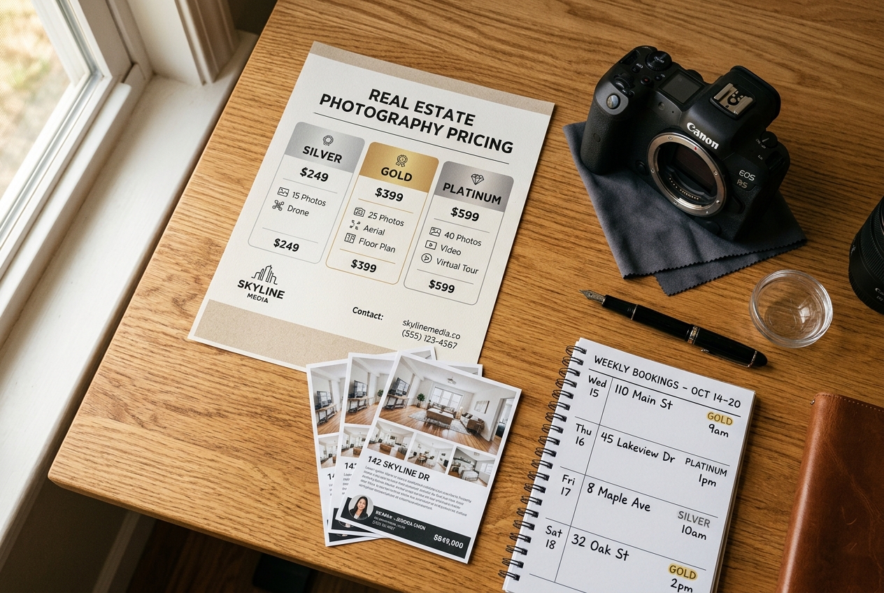 Printed pricing sheet for Real Estate Photography Packages: How to Price & Bundle laid beside a DSLR camera and listing flyers