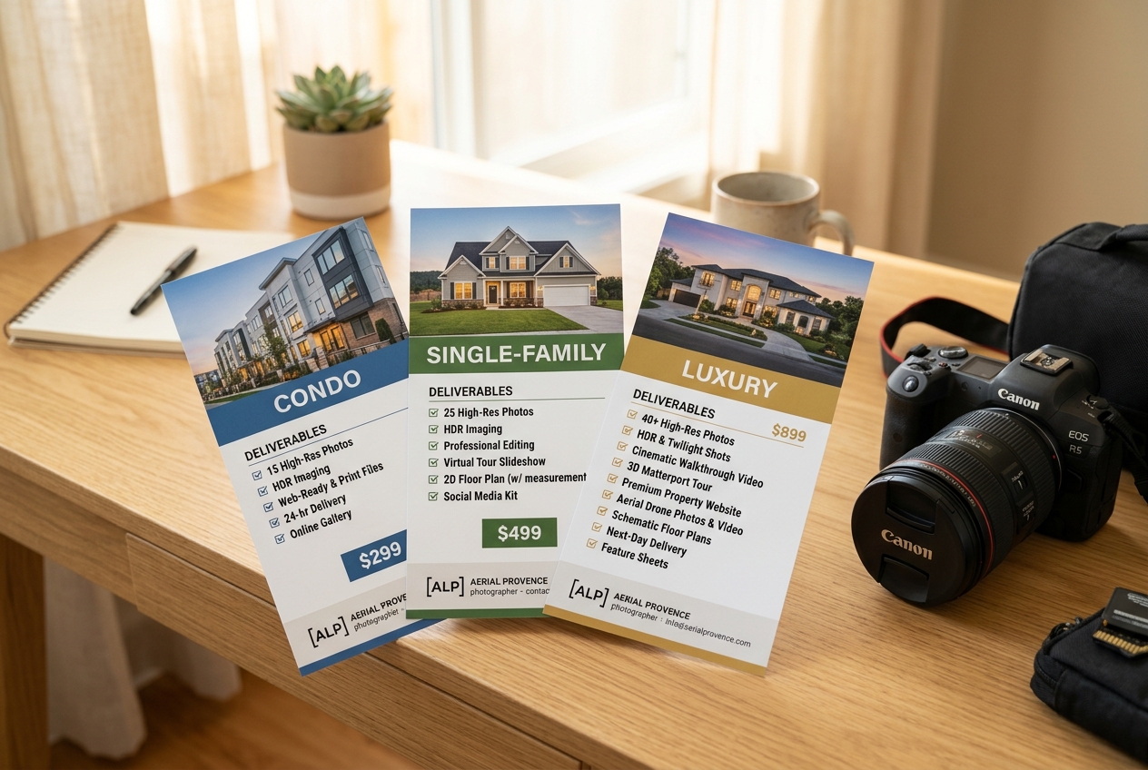 Printed tiered pricing sheets for Real Estate Photography Packages: How to Price & Bundle displayed beside a DSLR camera on a desk.