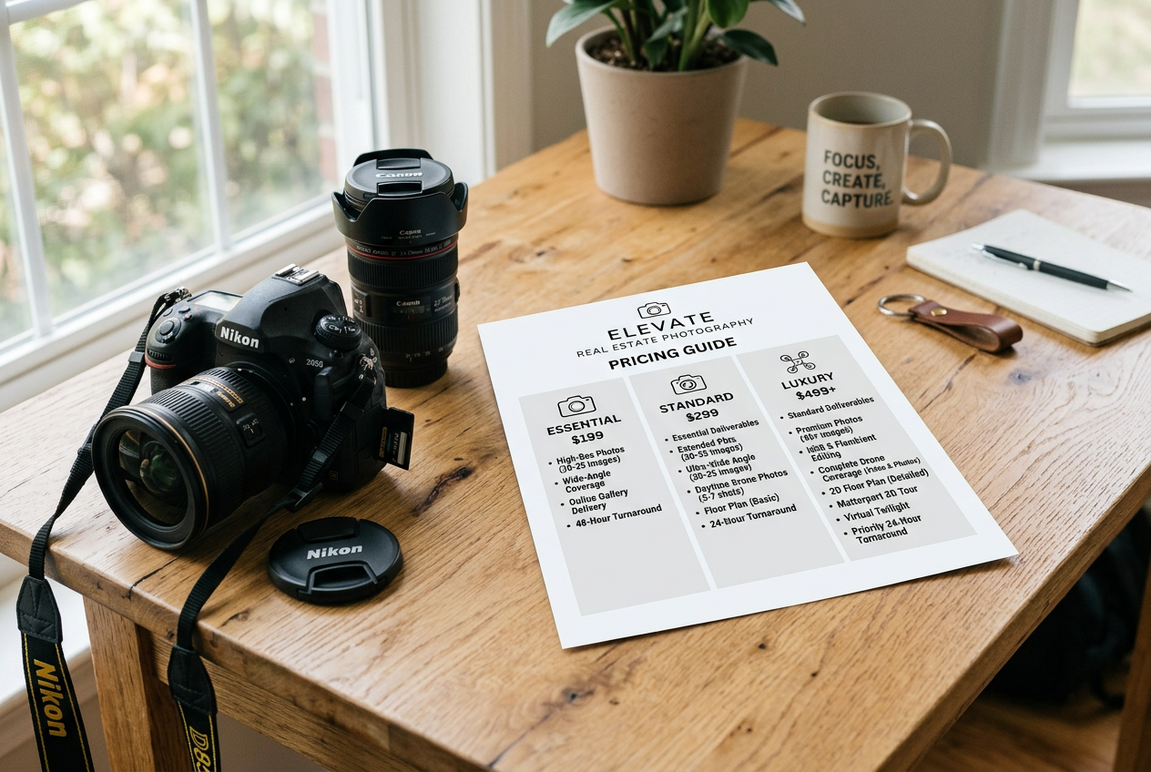 Printed tier sheet for Real Estate Photography Packages: How to Price & Bundle, displayed beside a DSLR camera on a desk