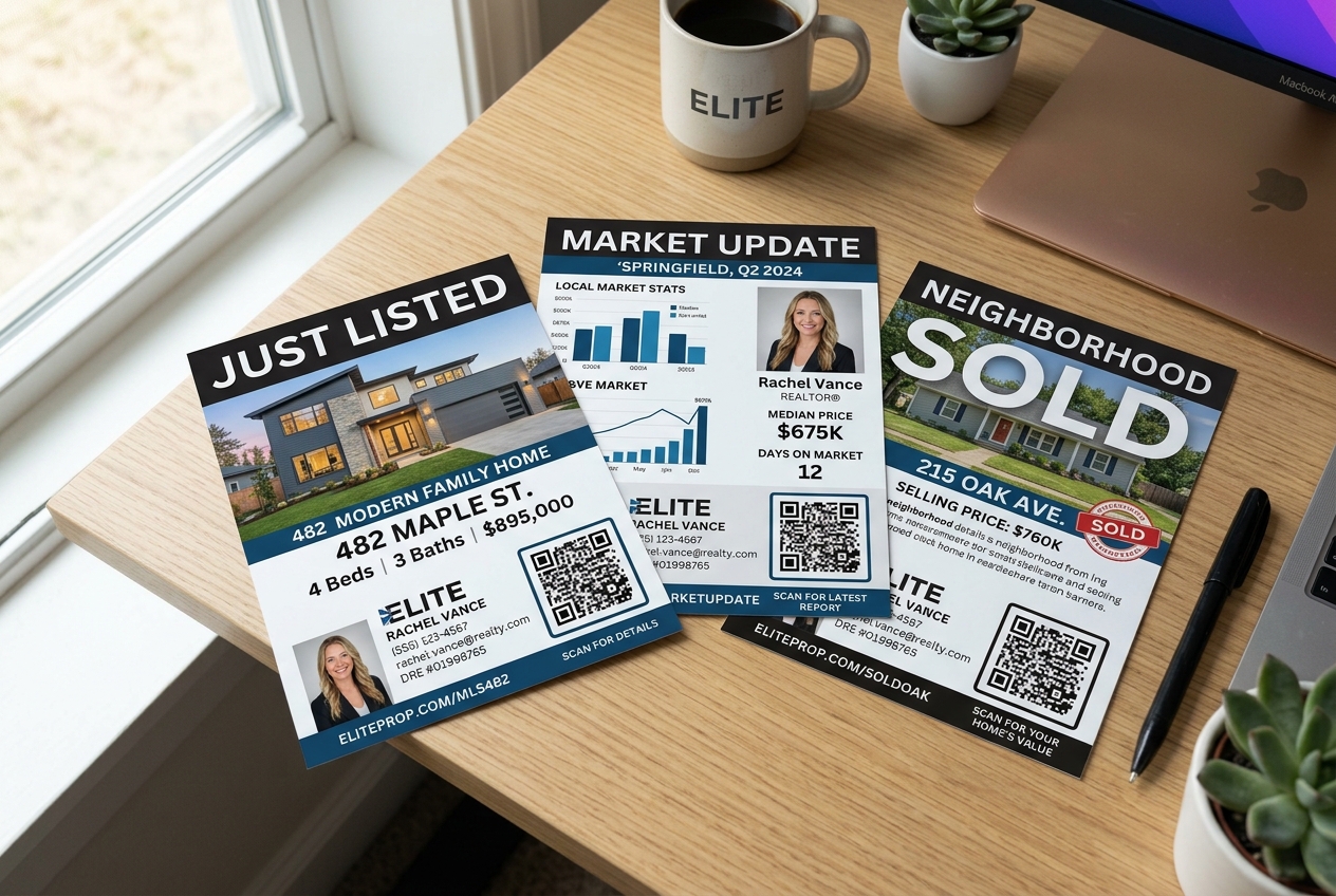 Real Estate Postcards That Work: Templates & Examples shown as multiple mailer card layouts with QR codes on a desk