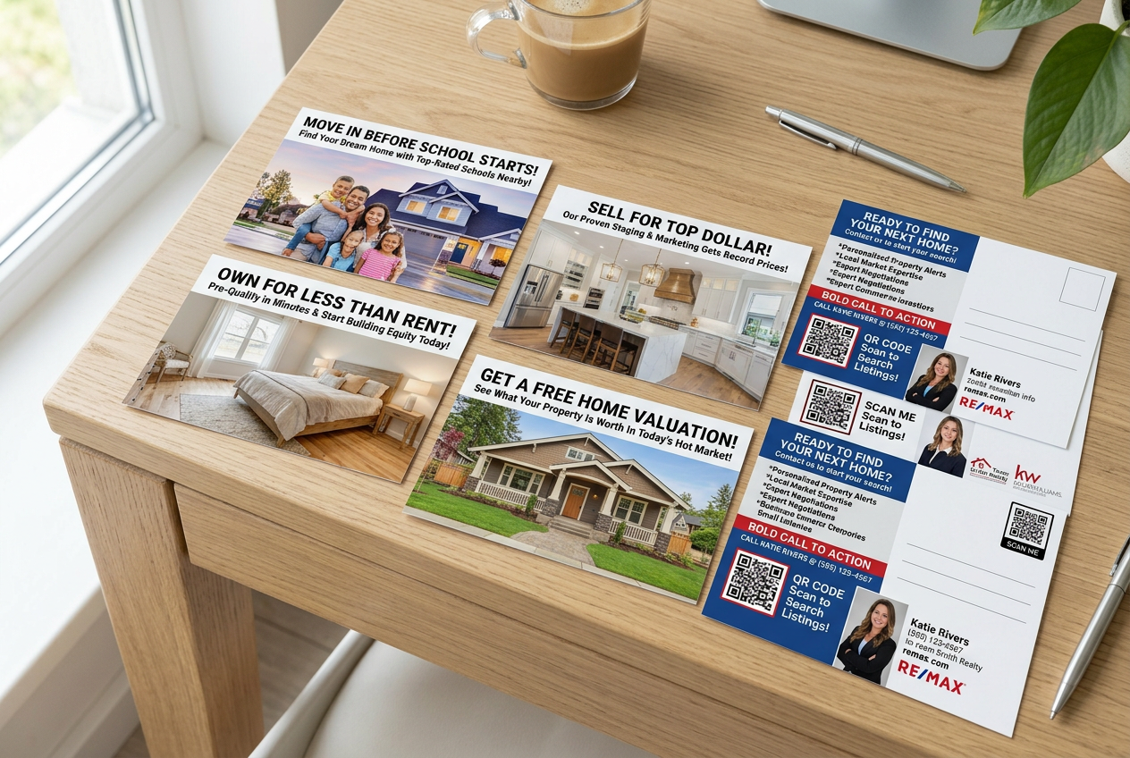 Printed real estate postcards that work spread on a desk showing front hero photos, headlines, and back CTA copy zones.