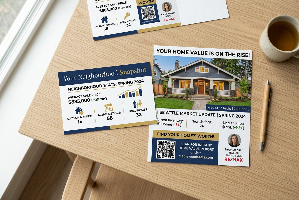 Printed real estate postcards that work templates and examples laid flat on a desk, showing market update designs with QR codes