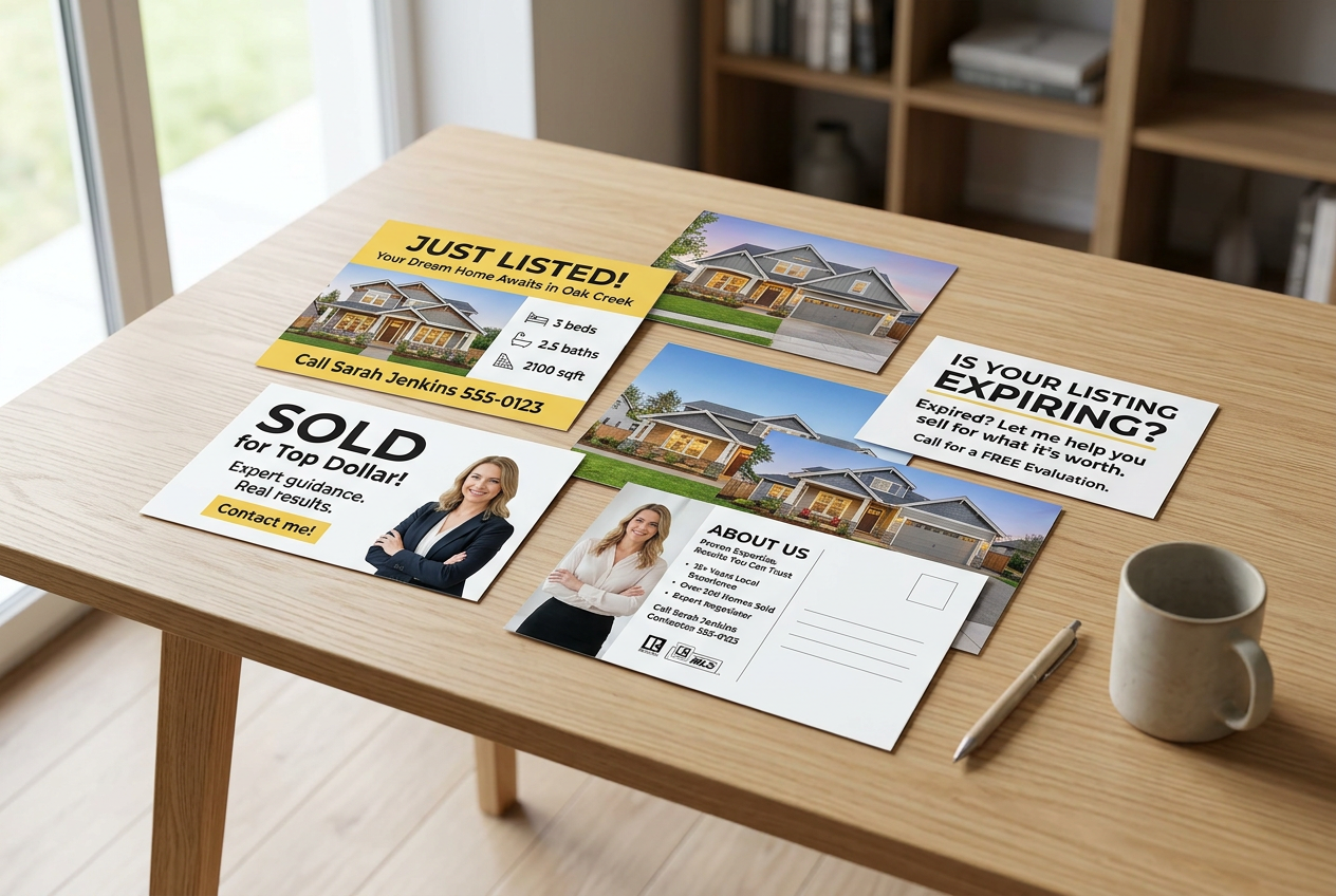 Real estate postcards that work: templates & examples showing clean headline, proof, and CTA layouts spread on a desk