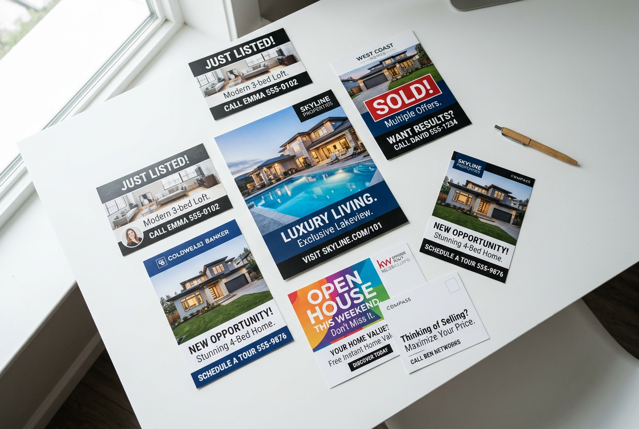 Real estate postcards that work: templates & examples in multiple sizes laid out on a desk showing varied copy and formats