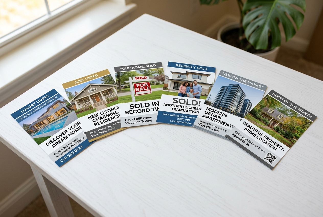 Printed real estate postcards that work as templates and examples spread on a clean white desk in natural light.