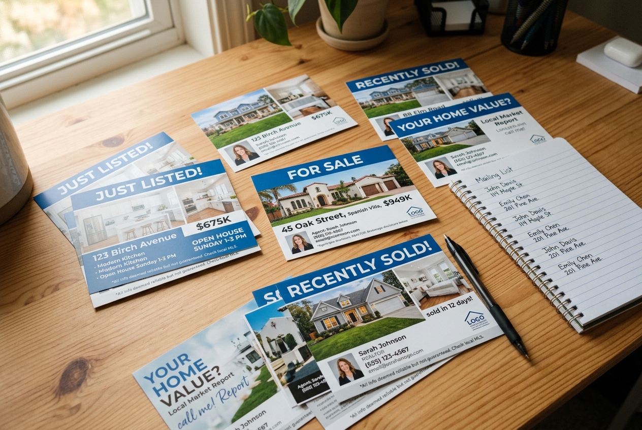 Printed real estate postcards that work spread on a desk with templates, examples, and a mailing list nearby.