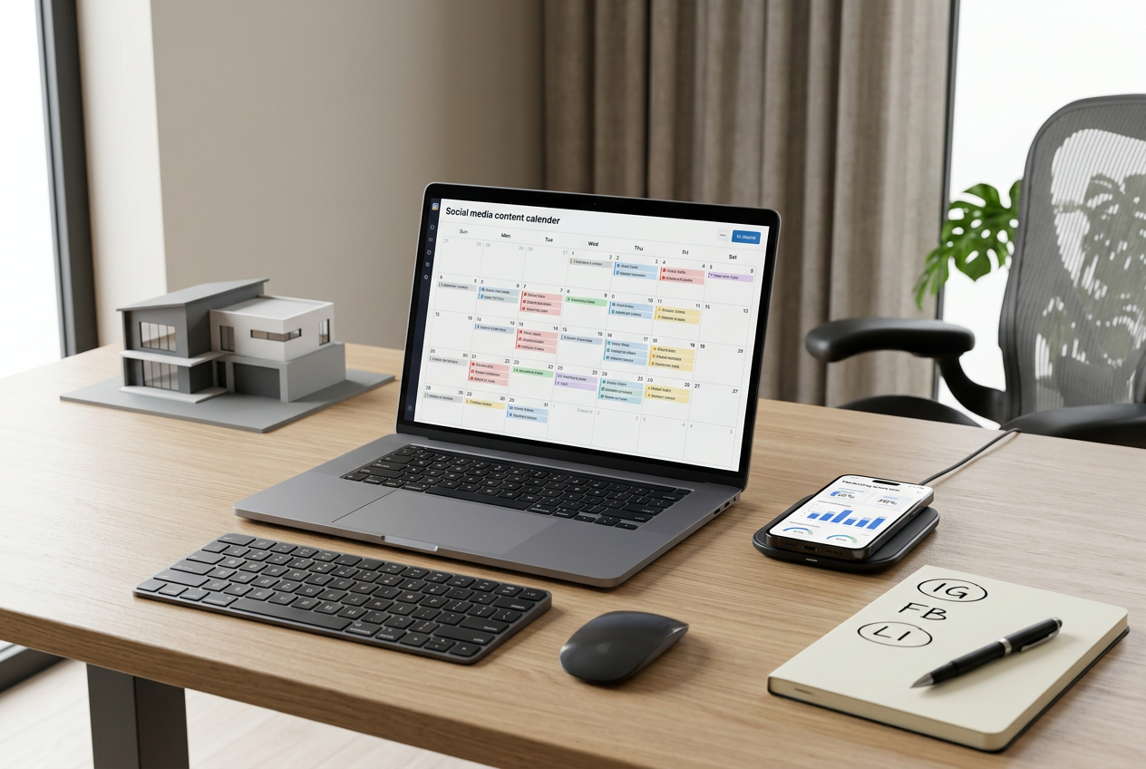 Desk setup showing a focused real estate social media marketing strategy plan with platform list and content calendar in 2026.