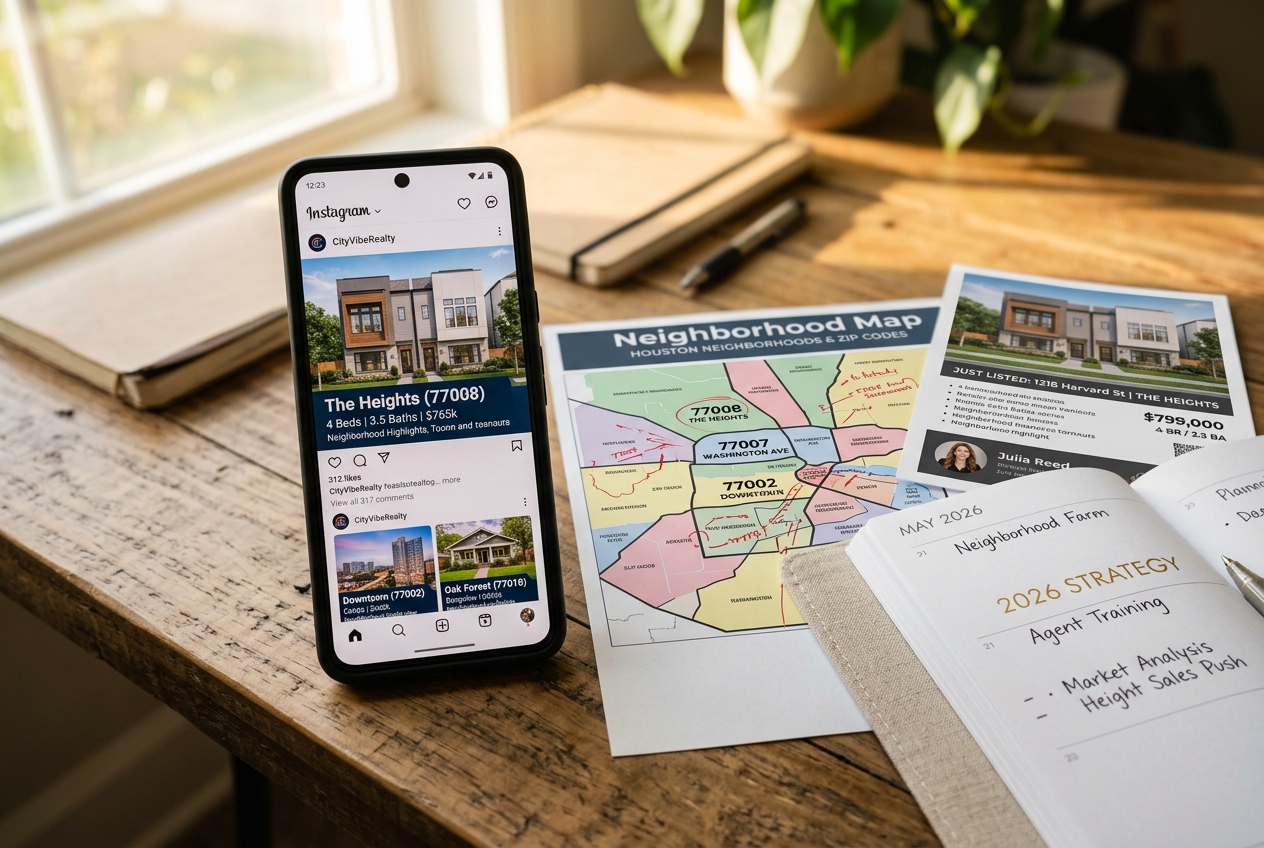 Smartphone showing real estate social media marketing posts beside a neighborhood map and 2026 strategy planner on a desk.