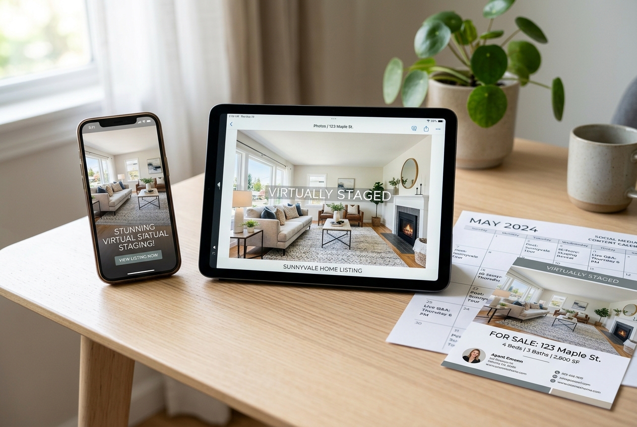 Smartphone showing a virtually staged listing photo with disclosure watermark, part of a real estate social media marketing strategy