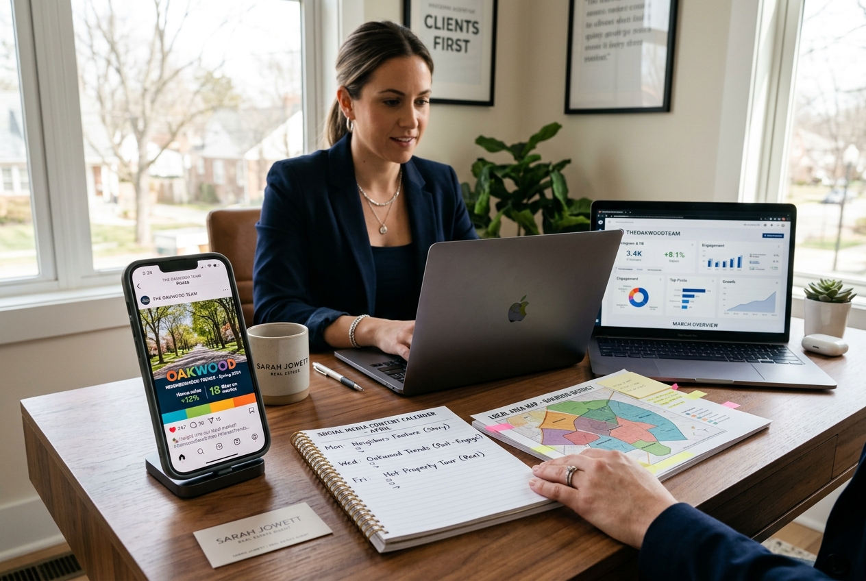 Real Estate Social Media Marketing: A 2026 Strategy Guide — agent desk with neighborhood post, analytics dashboard, and content calendar