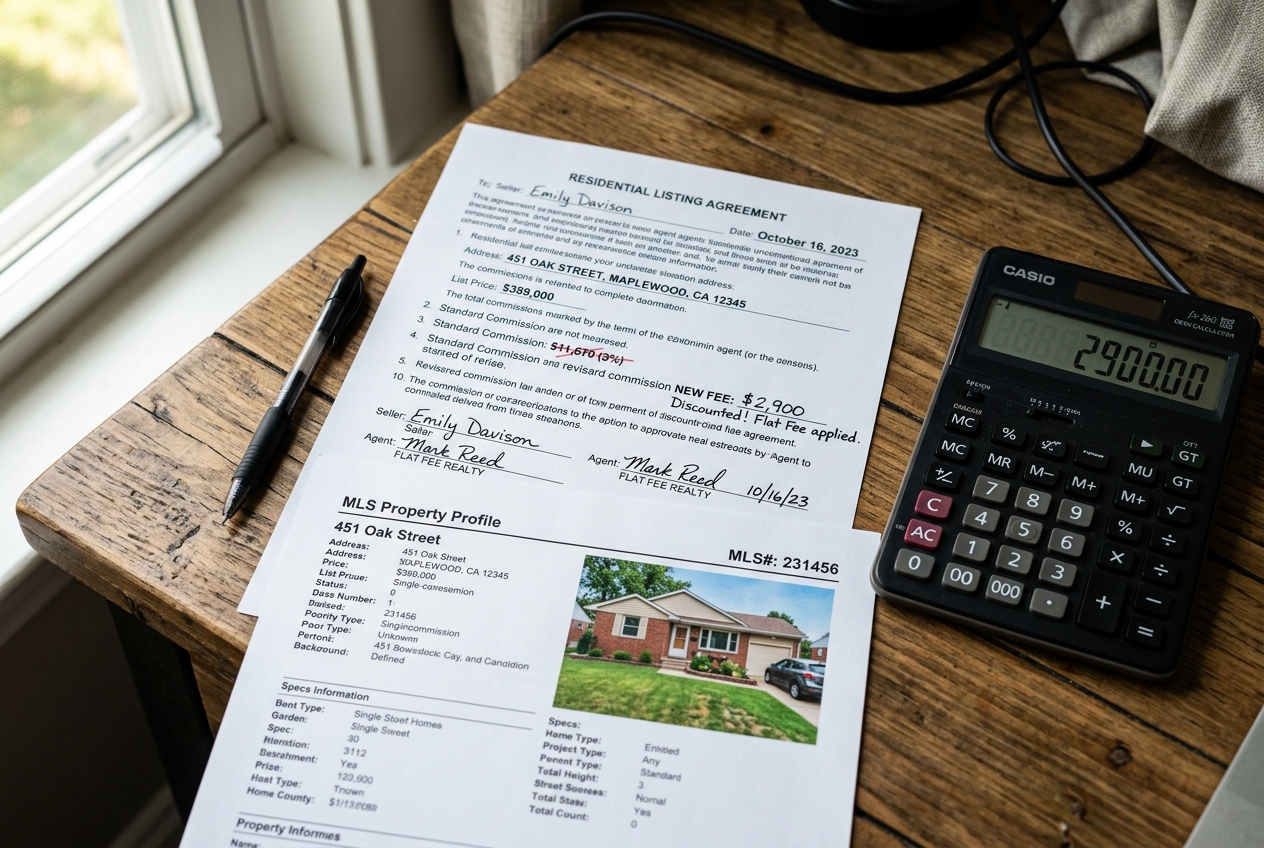 Listing contract and calculator on a desk illustrating how Discount & Flat-Fee Realtors and reduced commission work for home sellers.