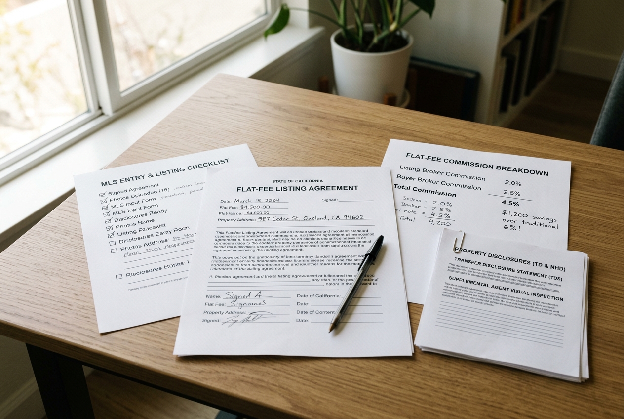 Flat-fee listing paperwork and reduced commission breakdown sheet on a desk — Discount & Flat-Fee Realtors: How Reduced Commission Works