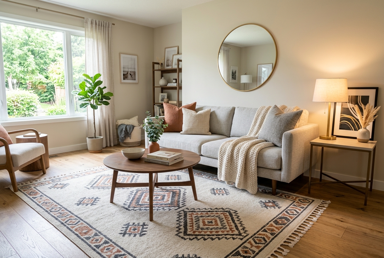 Staged living room interior illustrating the output quality compared in RoomGPT vs AI HomeDesign: Speed, Quality & Price