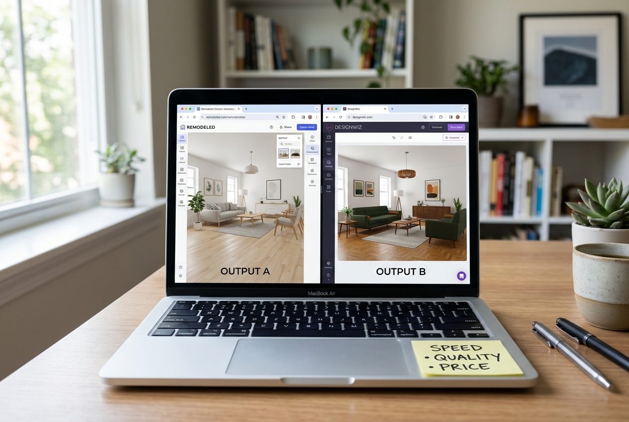 Laptop showing a side-by-side browser comparison for RoomGPT vs AI HomeDesign: Speed, Quality & Price evaluation