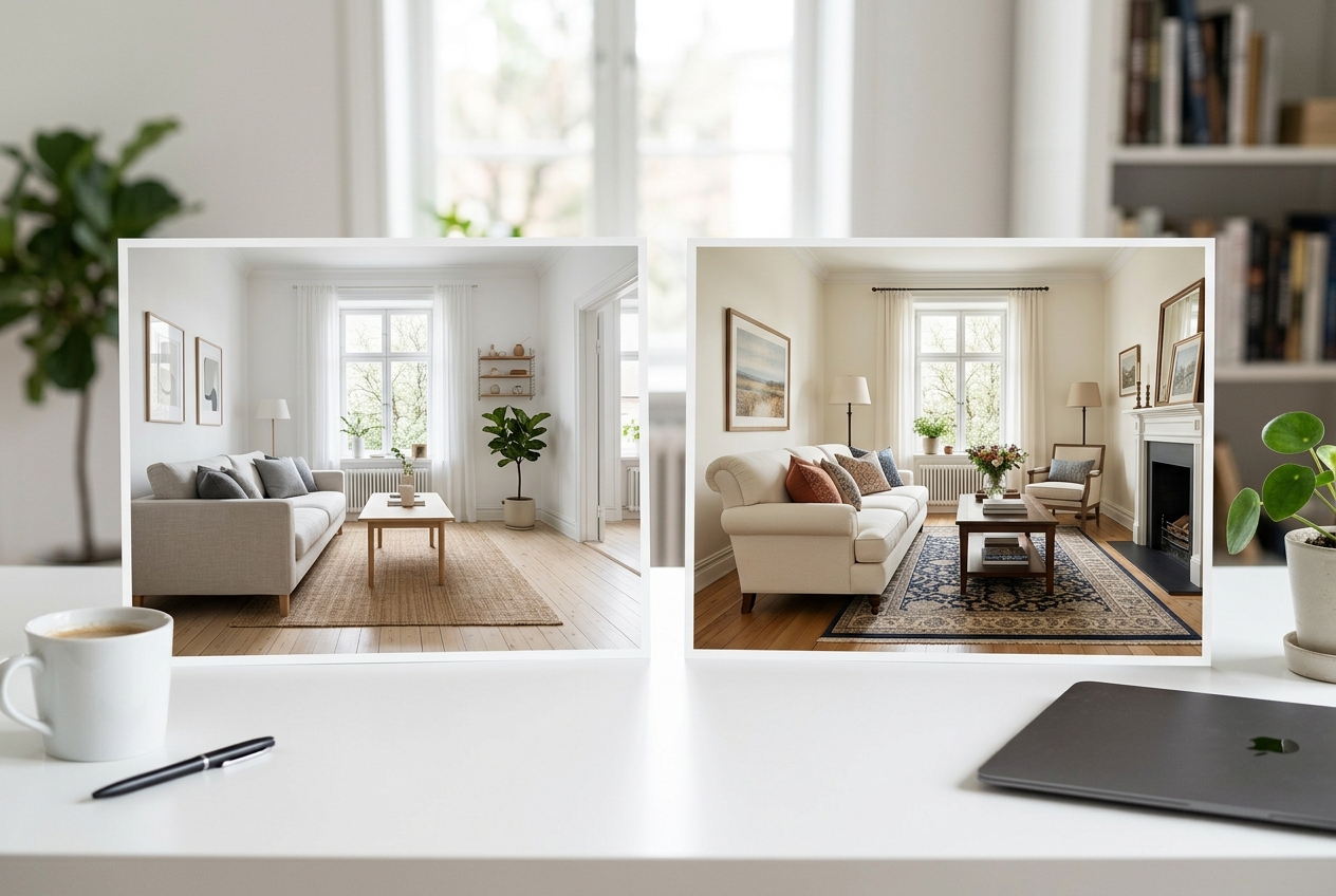 Two AI-staged living room printouts compared side by side — RoomGPT vs AI HomeDesign: Speed, Quality & Price