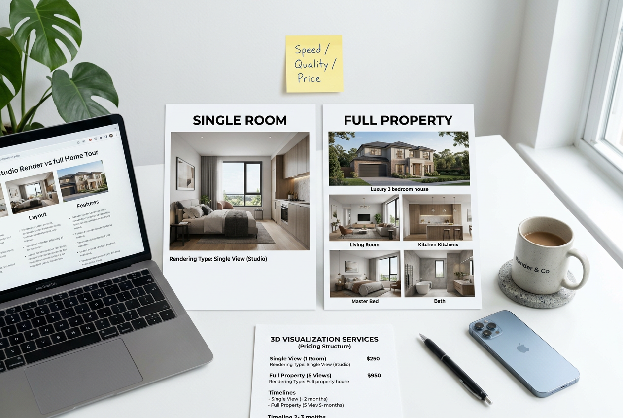 Desk comparison of two AI room renderings illustrating RoomGPT vs AI HomeDesign: Speed, Quality & Price trade-offs