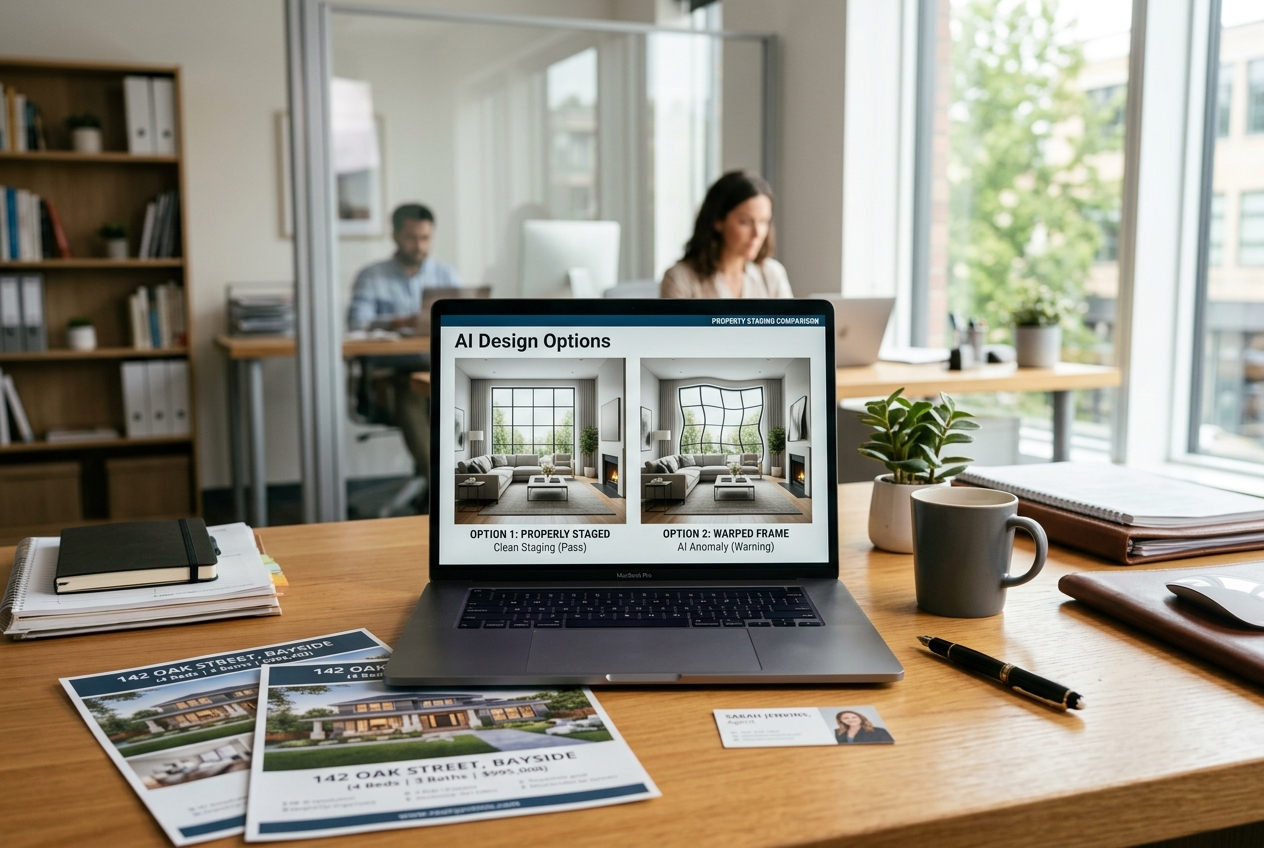 Laptop showing side-by-side AI room renders for RoomGPT vs AI HomeDesign: Speed, Quality & Price comparison on a real estate desk
