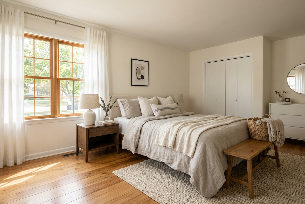 Staged bedroom render illustrating quality variance in RoomGPT vs AI HomeDesign: Speed, Quality & Price comparison
