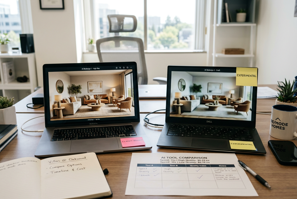 Desk comparison of RoomGPT vs AI HomeDesign outputs showing speed, quality & price evaluation notes side by side