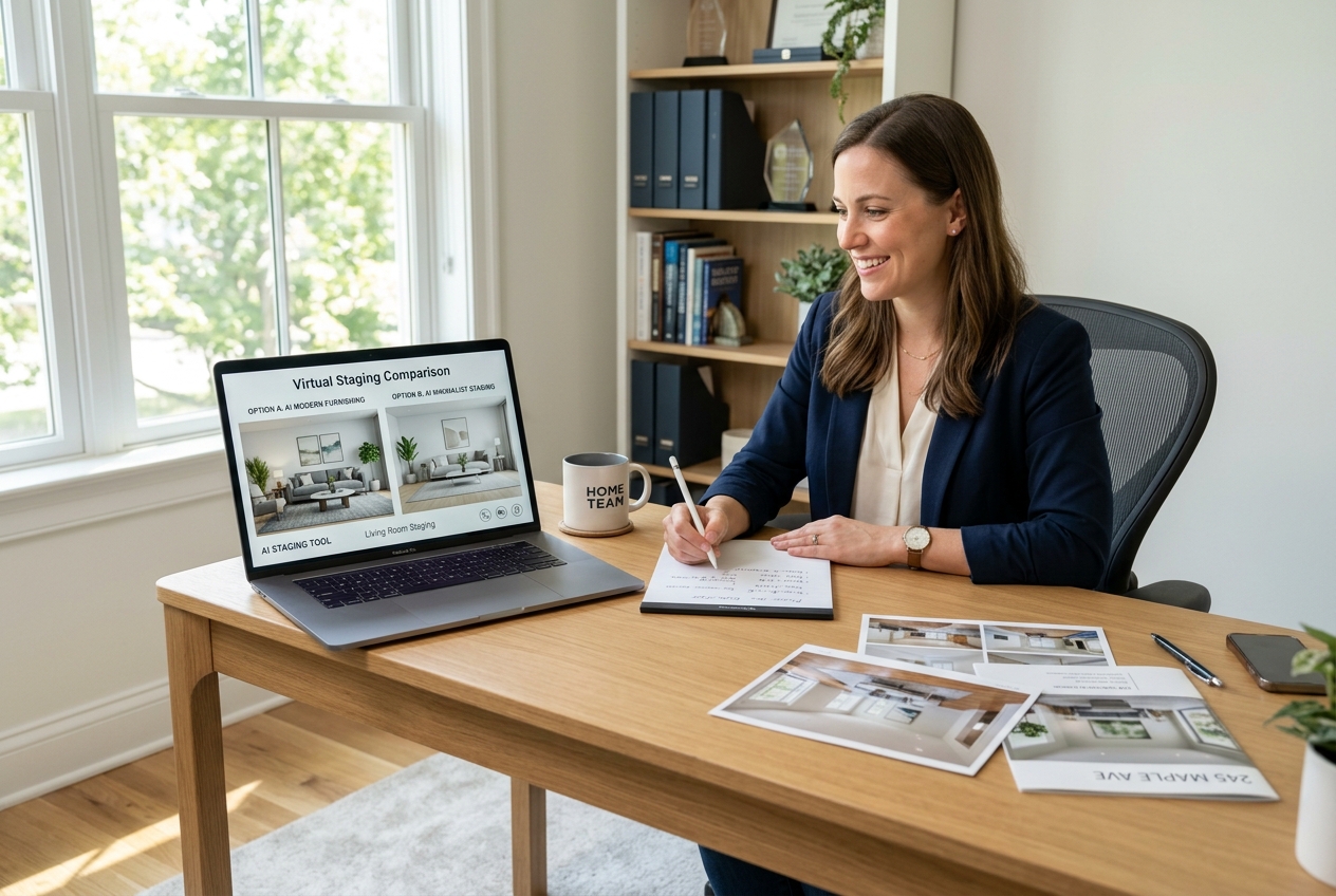 Real estate agent comparing Spacely AI vs AI HomeDesign on a laptop screen with listing photos on desk