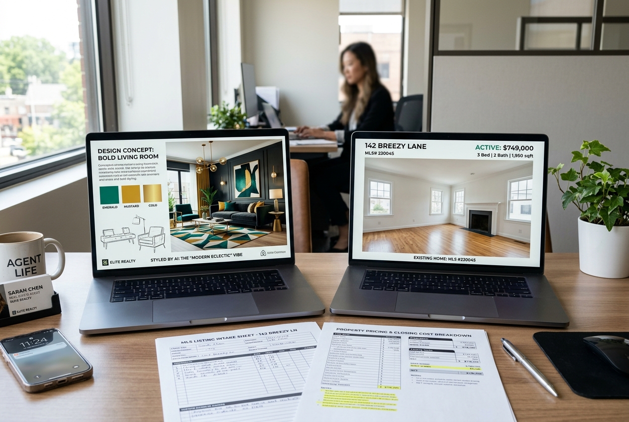 Agent desk comparing Spacely AI vs AI HomeDesign outputs: mood-board render beside MLS-ready listing photo with pricing notes