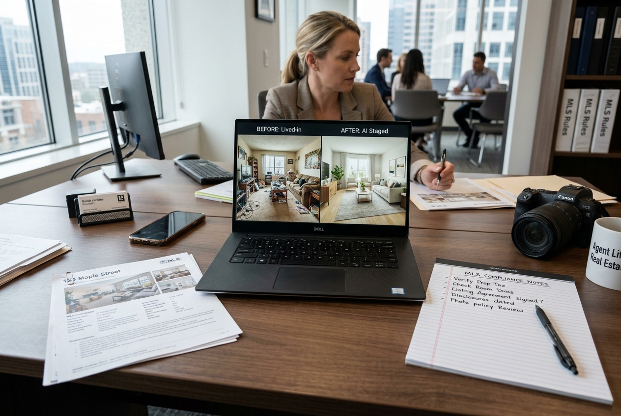 Laptop showing virtual staging comparison on a real estate agent's desk — Spacely AI vs AI HomeDesign: Which Wins for Agents?