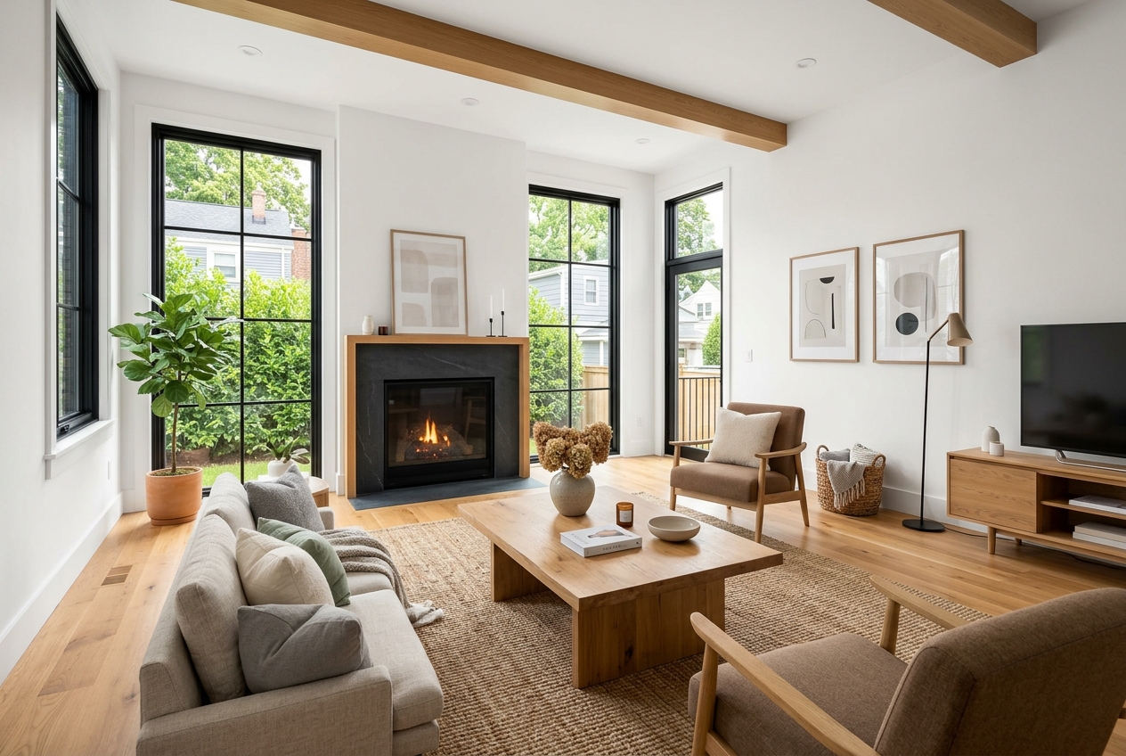 Virtually staged modern living room showing AI home design alternatives that preserve original architectural details for accurate property listings