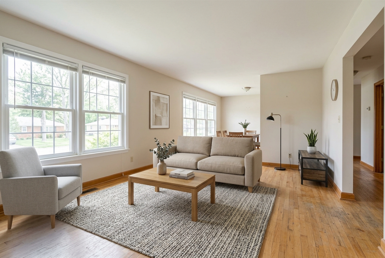 Realistically virtually staged living room showing the best AI home design and virtual staging alternatives output for a listing photo