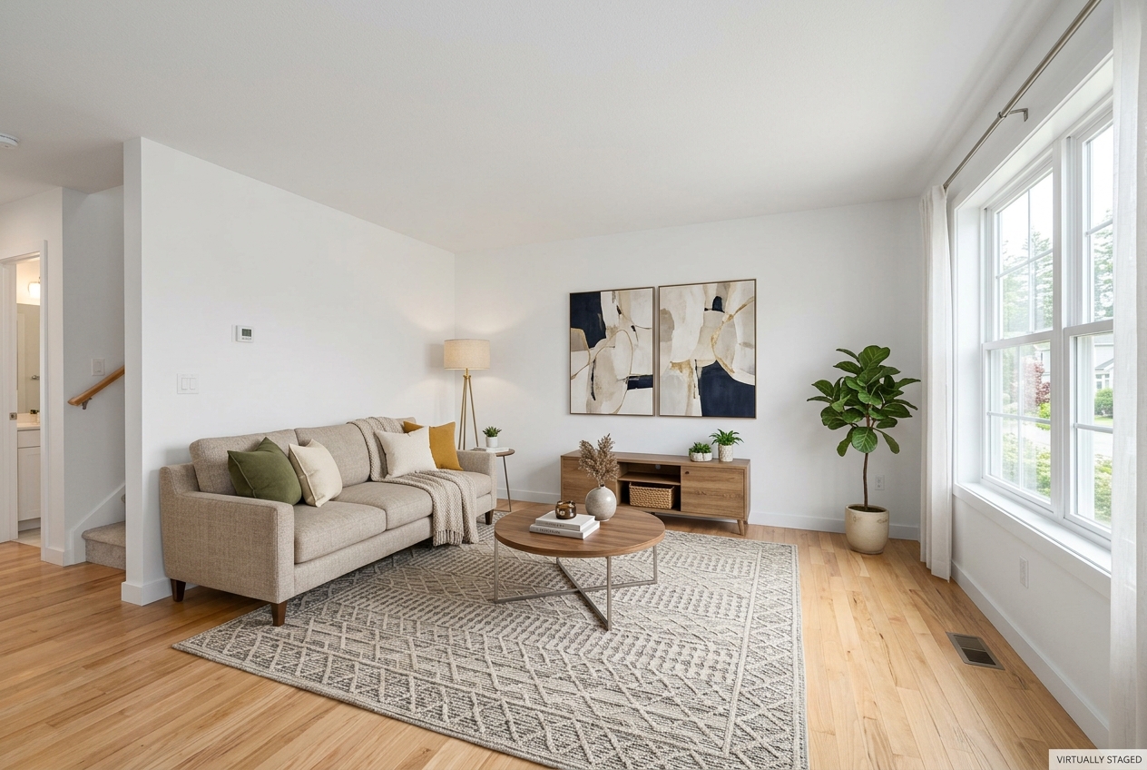 Virtually staged living room with disclosure label, illustrating AI home design virtual staging alternatives for MLS listings