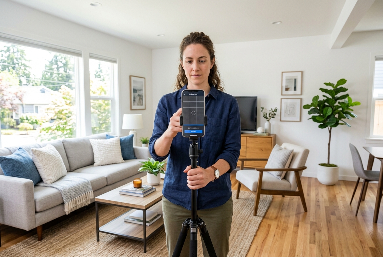 Person using a smartphone on a tripod to create Zillow 3D Home Tours in a staged living room