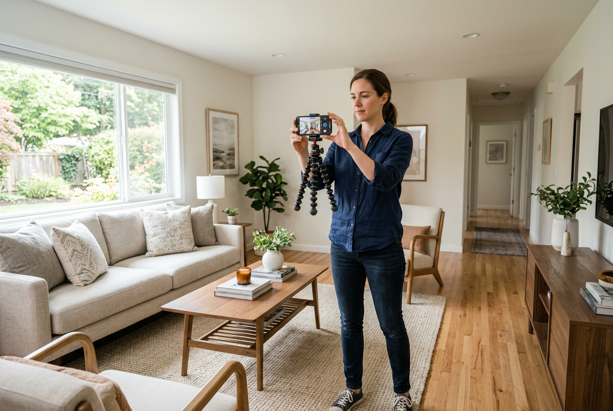 Person using smartphone to capture Zillow 3D Home Tours: How to Create One That Sells in a staged living room