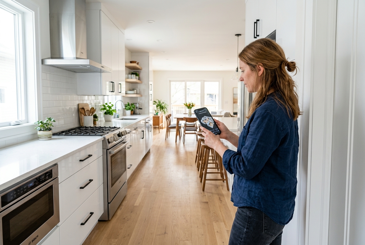 Homeowner capturing Zillow 3D Home Tours on a smartphone in a clean kitchen with stainless steel appliances