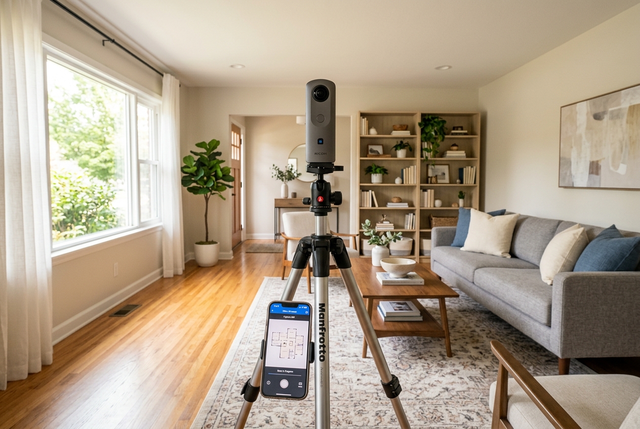 360-degree camera on tripod in staged living room set up for Zillow 3D Home Tours creation