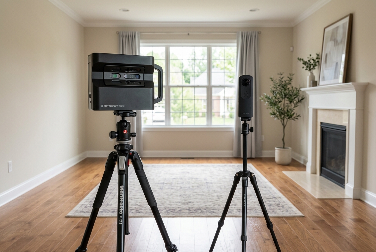 3d camera for real estate shown next to a 360 camera on tripods in a living room