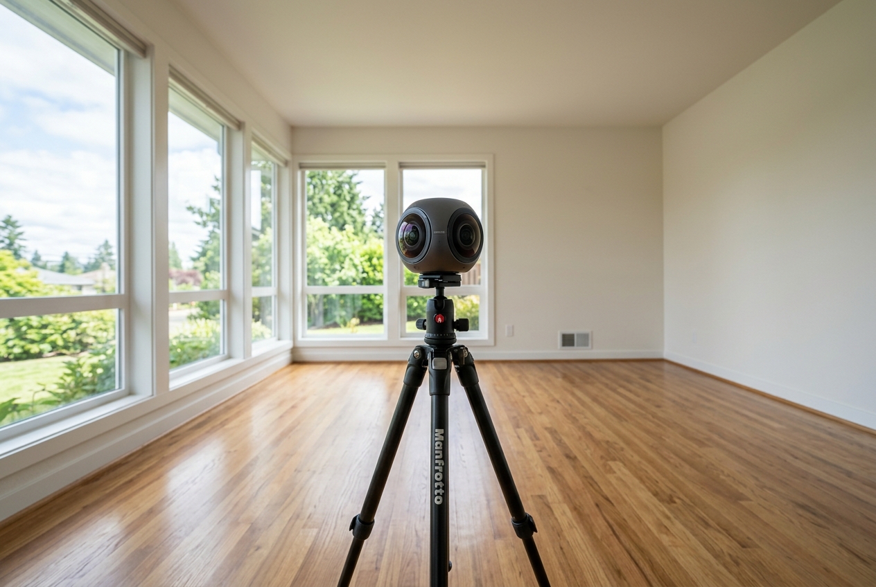 3d camera for real estate mounted on tripod showing dual ultra-wide lenses in empty living room