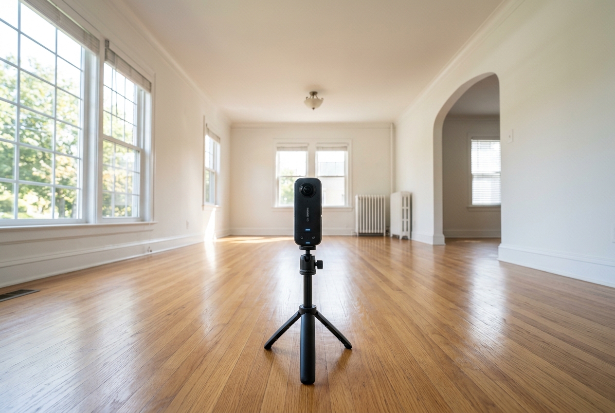 Compact 360 camera on tripod capturing a room, ideal 3d camera for real estate walkthroughs