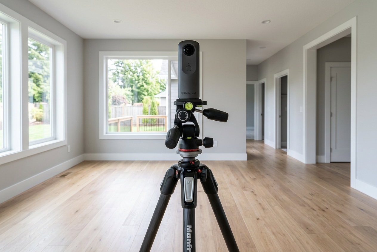 3D camera for real estate mounted on a level tripod in an empty living room during capture