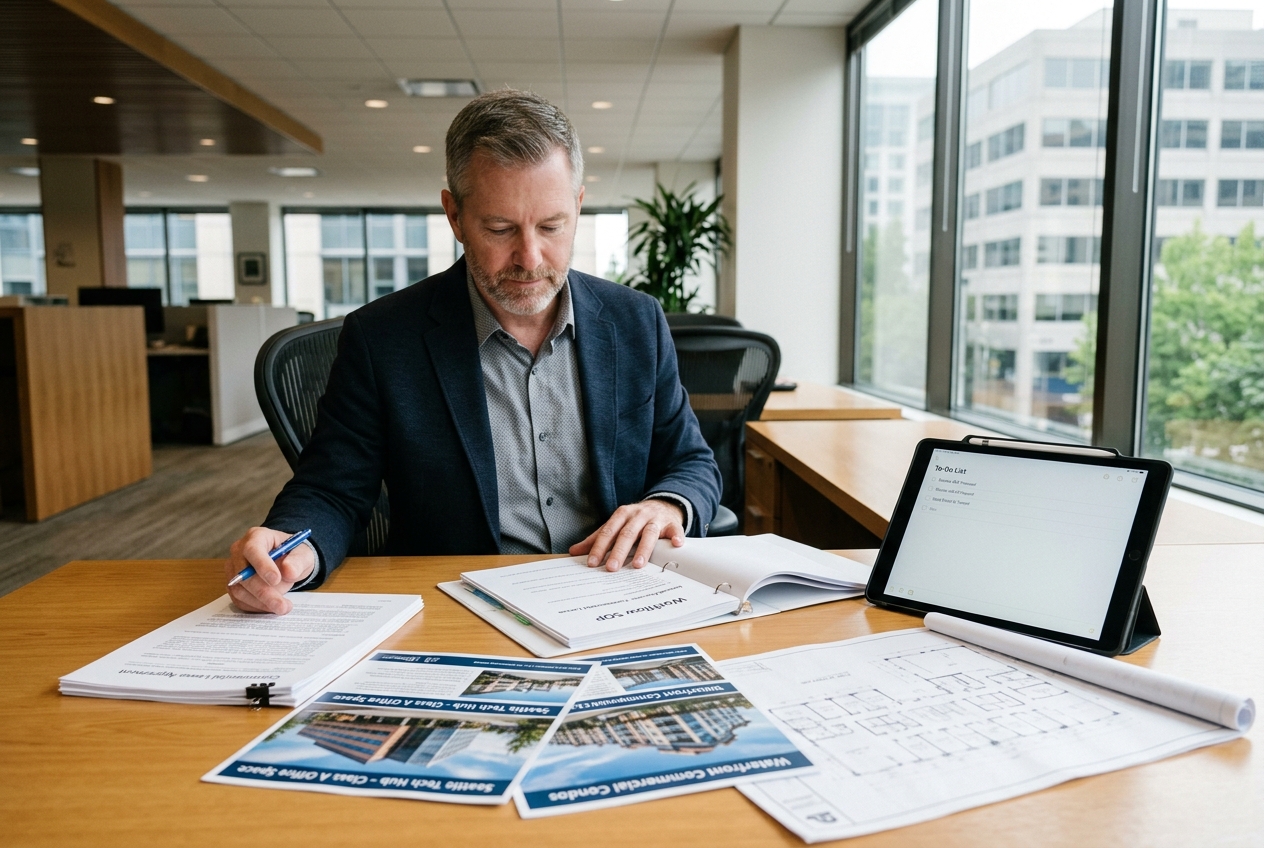 Broker reviewing printed SOP and flyers, illustrating ai in commercial real estate workflow automation