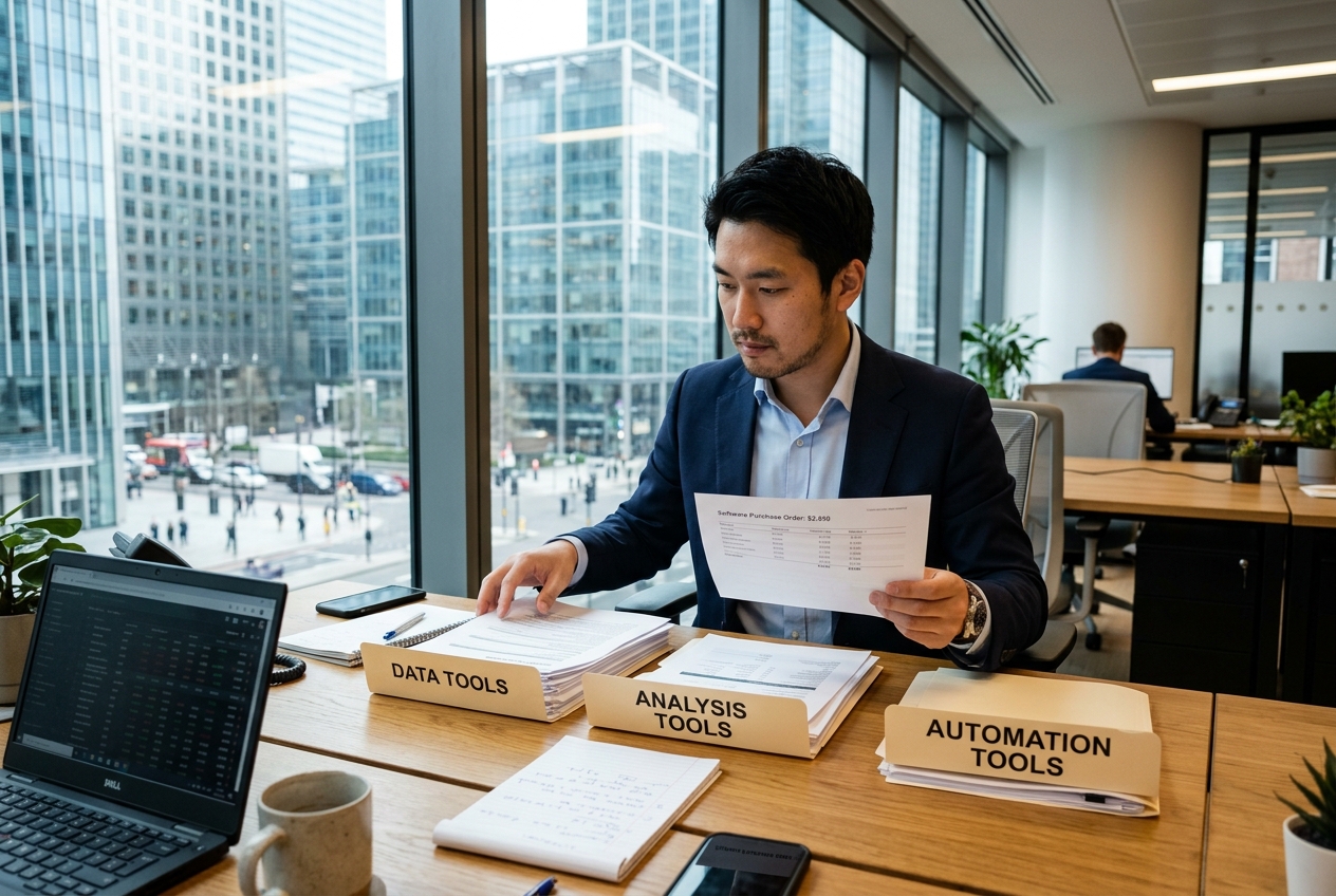 Broker sorting printed tool folders illustrating ai in commercial real estate buying order
