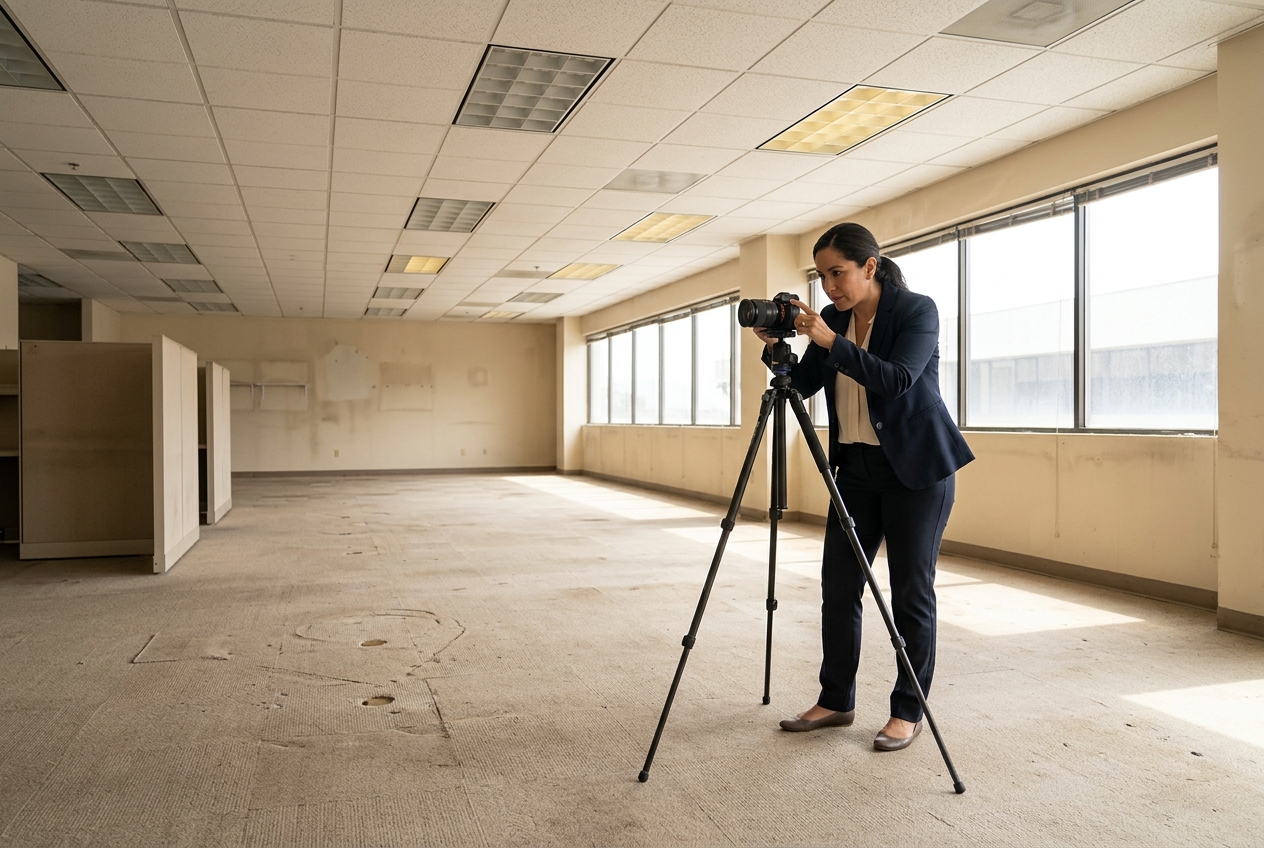 Broker photographs a dated office floor, showing how ai in commercial real estate improves listing visuals