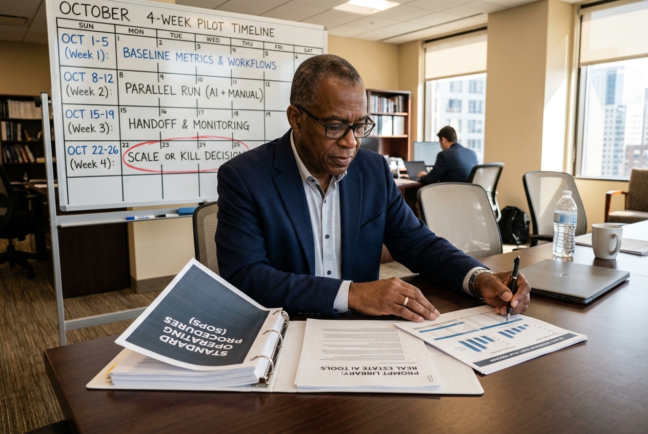 Broker reviewing a 30-day pilot plan and cost sheet for AI in commercial real estate