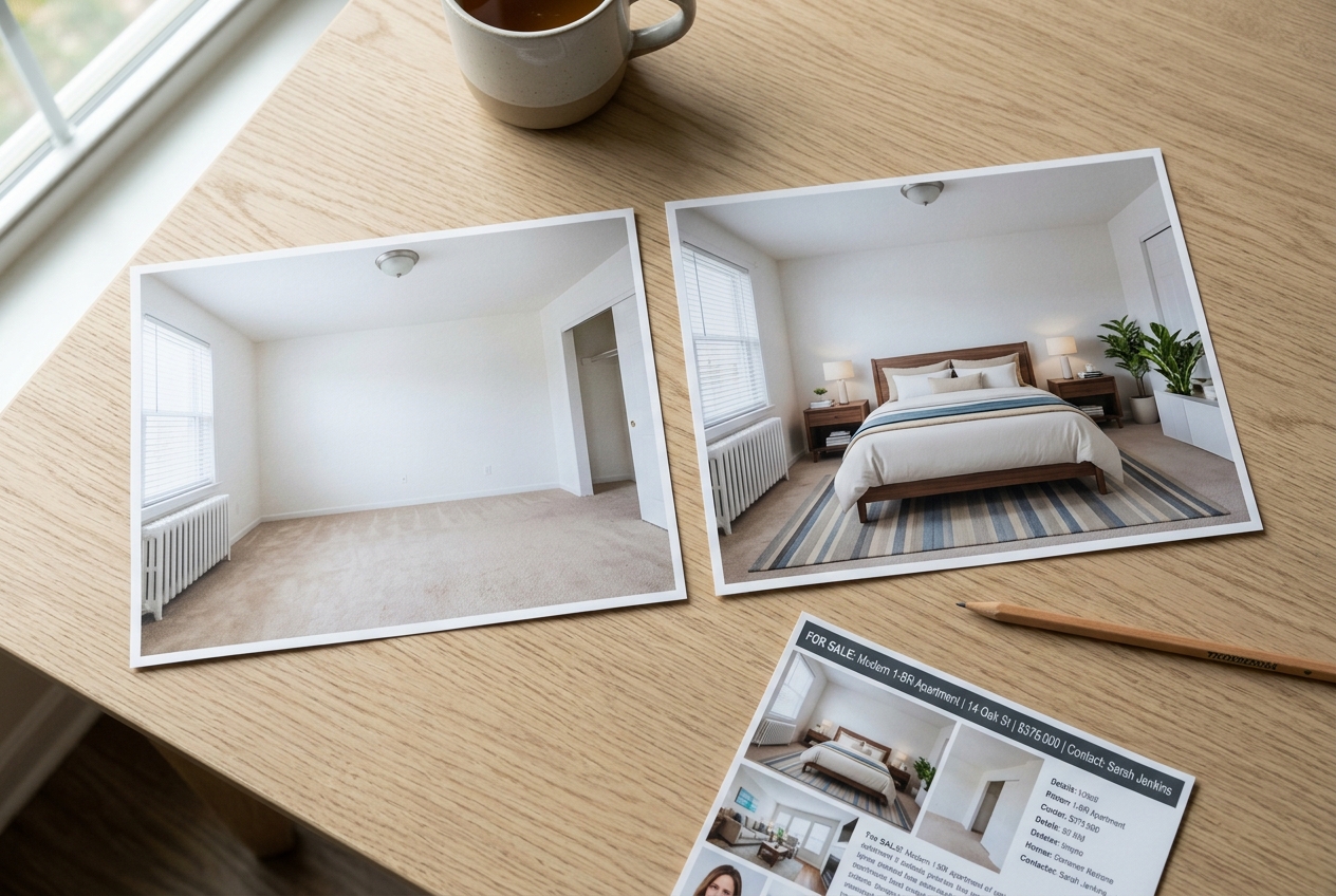 Printed before and after photos comparing virtual staging vs physical staging of an empty bedroom