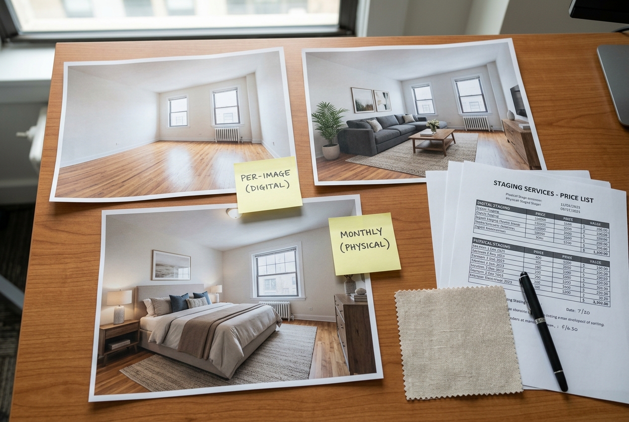Printed listing photos comparing virtual staging vs physical staging with pricing sheets on a desk